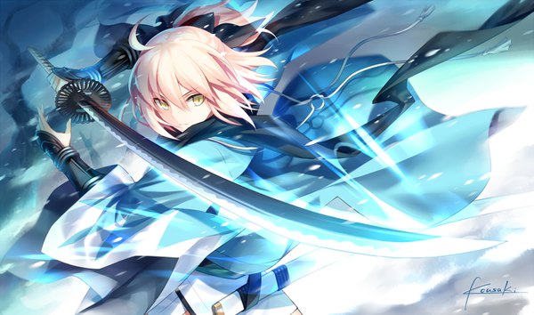 Anime picture 1355x800 with fate (series) fate/grand order koha-ace okita souji (fate) (all) okita souji (koha-ace) kousaki rui single fringe short hair hair between eyes wide image holding signed yellow eyes looking away pink hair ahoge ponytail traditional clothes japanese clothes