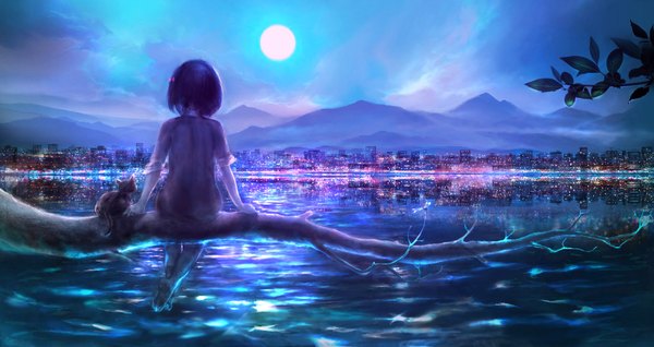 Anime picture 1920x1020 with original 00 highres short hair black hair wide image sitting cloud (clouds) barefoot from behind night night sky city reflection cityscape mountain city lights girl dress animal
