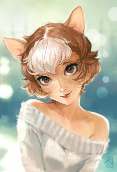 Anime picture 769x1129 with original beagifted single tall image looking at viewer short hair smile brown hair bare shoulders brown eyes animal ears white hair multicolored hair two-tone hair close-up freckles girl sweater