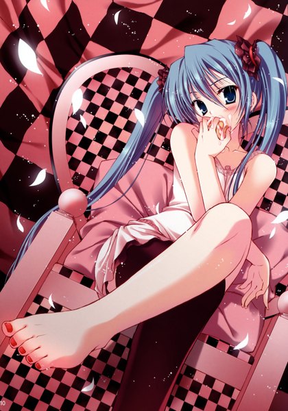 Anime picture 4238x6052 with vocaloid hatsune miku tanihara natsuki single long hair tall image blush highres blue eyes sitting twintails bare shoulders blue hair absurdres barefoot legs crossed legs eating girl dress