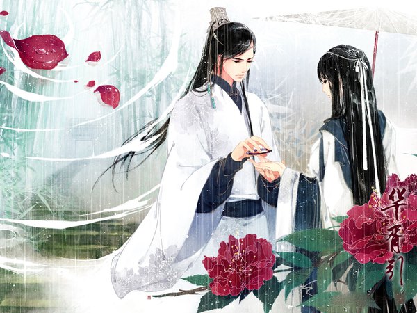 Anime picture 1644x1233 with original ibuki satsuki long hair black hair traditional clothes black eyes wide sleeves holding hands rain bamboo forest girl boy flower (flowers) ribbon (ribbons) hair ribbon petals tree (trees) umbrella gift forest