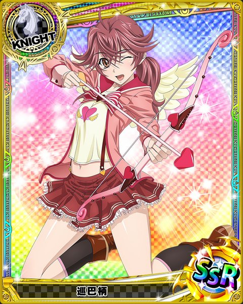 Anime picture 640x800 with highschool dxd single long hair tall image looking at viewer open mouth blue eyes brown hair one eye closed wink card (medium) valentine girl skirt weapon miniskirt wings socks black socks bow (weapon)