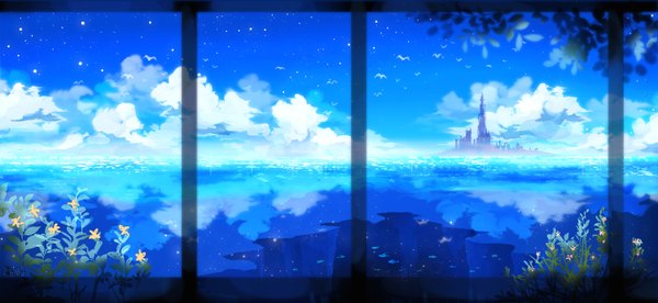 Anime picture 1500x690 with original hishi wide image sky horizon no people landscape scenic flower (flowers) animal sea bird (birds) fish (fishes) castle
