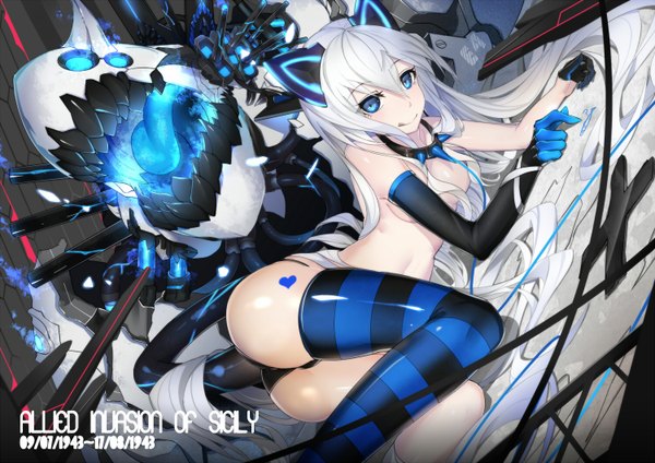 Anime picture 1500x1060 with warship girls r pachina (warship girls r) lu'' looking at viewer blush fringe blue eyes light erotic animal ears bent knee (knees) ass white hair indoors lying very long hair cat ears shiny skin dated on side fake animal ears