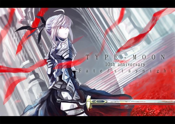 Anime picture 1500x1063 with fate (series) fate/stay night studio deen type-moon artoria pendragon (all) saber saber alter tmt (pixiv) single fringe red eyes looking back pale skin alternate color girl dress gloves flower (flowers) ribbon (ribbons) weapon