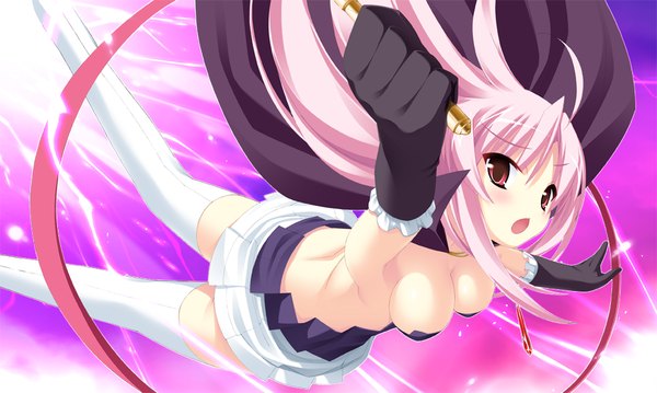Anime picture 1024x614 with twinkle crusaders twinkle crusaders -passion star stream- lilian tyrol (twinkle crusaders -passion star stream-) long hair breasts open mouth light erotic red eyes wide image pink hair game cg girl thighhighs skirt gloves ribbon (ribbons) miniskirt white thighhighs