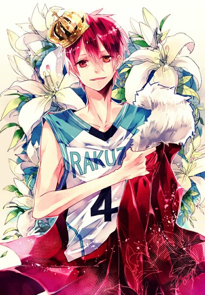Anime picture 774x1110 with kuroko no basket production i.g akashi seijuurou supaner single tall image looking at viewer short hair smile white background holding red hair sleeveless heterochromia clothes writing floral background boy uniform flower (flowers) cape