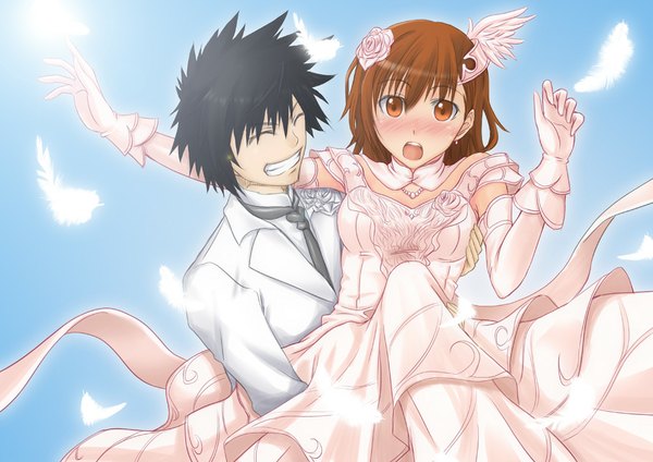 Anime picture 1000x707 with to aru majutsu no index j.c. staff misaka mikoto kamijou touma kurogane (artist) blush short hair open mouth black hair eyes closed orange hair orange eyes couple girl dress boy gloves hair ornament feather (feathers) wedding dress