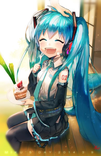 Anime picture 800x1233 with vocaloid hatsune miku zis (artist) single tall image blush open mouth sitting signed eyes closed very long hair aqua hair inscription tattoo zettai ryouiki happy hand on head girl thighhighs skirt