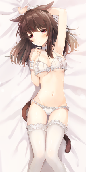 Anime picture 449x888 with final fantasy final fantasy xiv square enix miqo'te suzumori uina single long hair tall image looking at viewer blush fringe breasts open mouth light erotic red eyes bare shoulders animal ears cleavage tail lying