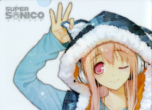 Anime picture 1600x1162 with nitroplus super sonico single long hair smile pink hair one eye closed pink eyes wink inscription girl headphones hood