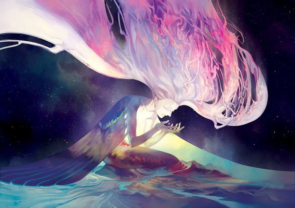 Anime picture 1600x1131 with original coralstone single long hair open mouth sitting holding pink hair sky eyes closed night night sky mountain space river girl wings star (stars) cloak