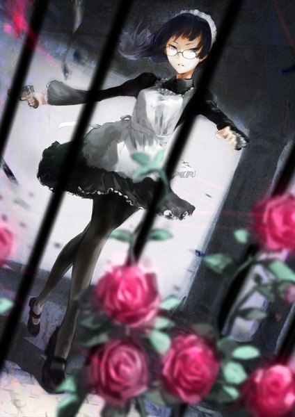 Anime picture 723x1023 with original nimirom single long hair tall image looking at viewer blue eyes black hair wind maid outstretched arm girl dress flower (flowers) weapon pantyhose glasses headdress black dress rose (roses)
