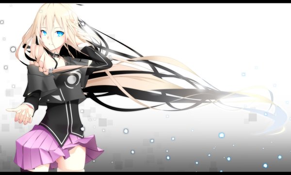 Anime picture 4300x2600 with vocaloid ia (vocaloid) koyaya (sorano) single long hair looking at viewer fringe highres blue eyes blonde hair wide image standing absurdres braid (braids) very long hair pleated skirt aqua eyes wind off shoulder twin braids