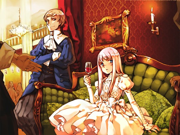 Anime picture 1024x768 with original littlewitch oyari ashito long hair short hair blue eyes blonde hair standing sitting pink hair indoors puffy sleeves silhouette princess royalty girl dress boy bow white dress