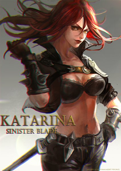 Anime picture 720x1018 with league of legends katarina (league of legends) oreki genya single long hair tall image looking at viewer light erotic simple background red hair grey background orange eyes character names hand on hip lipstick red lipstick girl navel weapon sword