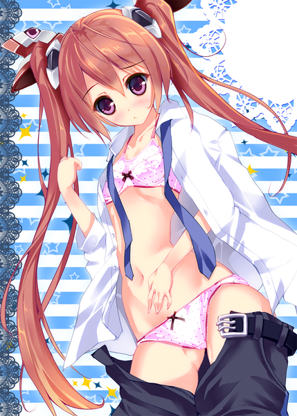 Anime picture 858x1200 with ore twintail ni narimasu production ims tail red tailred fukuda shuushi single long hair tall image looking at viewer blush light erotic twintails red hair pink eyes open clothes bare belly open shirt striped background open pants girl