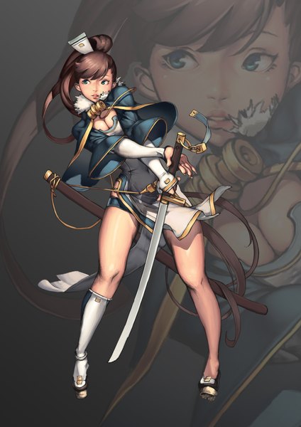 Anime picture 2480x3508 with blade & soul oinari risuru single tall image fringe highres blue eyes brown hair standing looking away ponytail very long hair lips legs girl weapon sword katana clothes