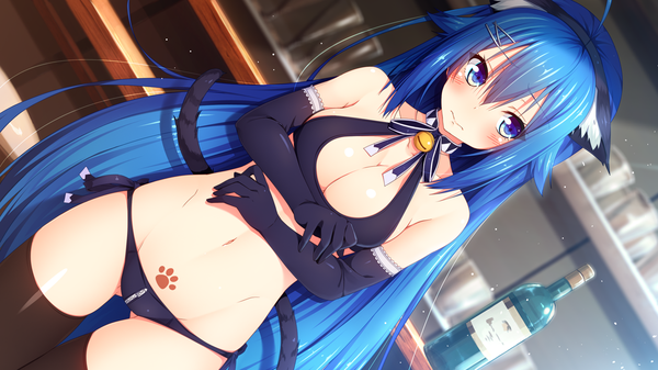 Anime picture 1280x720 with aristear remain astronauts comet furukawa mai rozea (graphmelt) kokusan moyashi single long hair blush fringe breasts blue eyes light erotic hair between eyes wide image large breasts standing bare shoulders animal ears payot blue hair