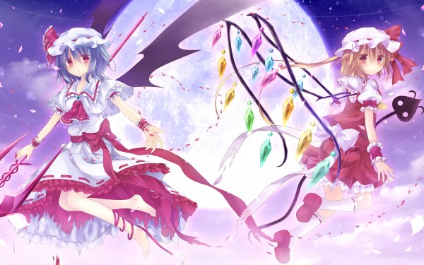 Anime picture 1200x750 with touhou flandre scarlet remilia scarlet marotti looking at viewer blush short hair blonde hair red eyes wide image multiple girls blue hair barefoot siblings girl dress bow ribbon (ribbons) weapon 2 girls