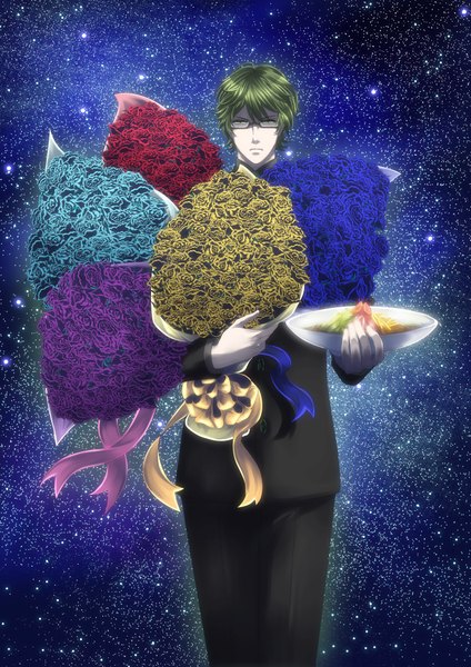 Anime picture 1378x1949 with kuroko no basket production i.g midorima shintarou kawori (pixiv id 1821650) single tall image looking at viewer short hair green eyes green hair space flower (flowers) bow glasses food rose (roses) star (stars) suit berry (berries) bouquet