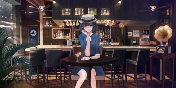 Anime picture 3507x1771 with original yong kit lam single looking at viewer highres short hair black hair wide image sitting girl dress plant (plants) hat chair table clock drink pocket watch phonograph