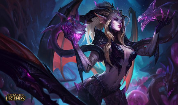 Anime picture 1215x717 with league of legends zyra (league of legends) chenbo single long hair breasts light erotic blonde hair wide image standing looking away tail parted lips pink eyes horn (horns) lips pointy ears glowing looking up glowing eye (eyes)