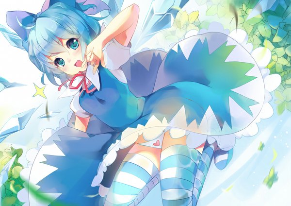 Anime picture 1000x707 with touhou cirno yukizakura (neon-neon) blush short hair open mouth blue eyes light erotic blue hair dress lift girl thighhighs dress underwear panties bow hair bow wings leaf (leaves) striped thighhighs