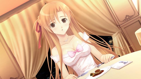 Anime picture 2048x1152 with tsugou no ii kazoku fusataka shikibu long hair looking at viewer highres blonde hair wide image game cg black eyes girl dress ribbon (ribbons) hair ribbon food