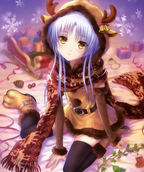 Anime picture 2116x2524 with angel beats! key (studio) tachibana kanade goto p single long hair tall image looking at viewer highres sitting yellow eyes white hair horn (horns) scan official art seiza girl detached sleeves scarf hood