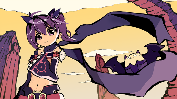 Anime picture 6299x3543 with elsword aisha landar yakult smoothie (yakultsmoothie) looking at viewer highres short hair wide image purple eyes twintails absurdres purple hair cloud (clouds) short twintails rock girl ribbon (ribbons) hair ribbon detached sleeves animal scarf