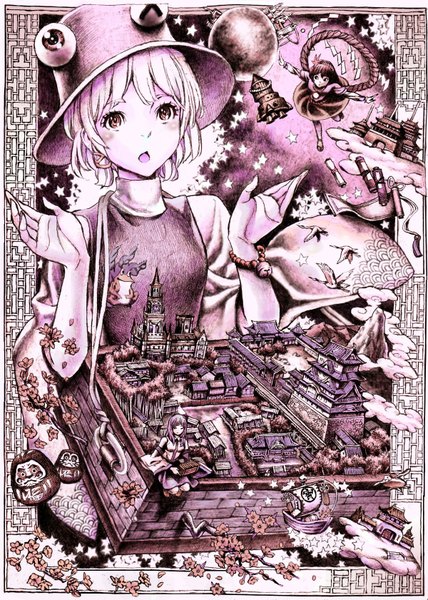 Anime picture 1200x1682 with touhou moriya suwako yasaka kanako nobita (makoto7060355) tall image short hair cloud (clouds) city detailed girl hat animal star (symbol) rope frog