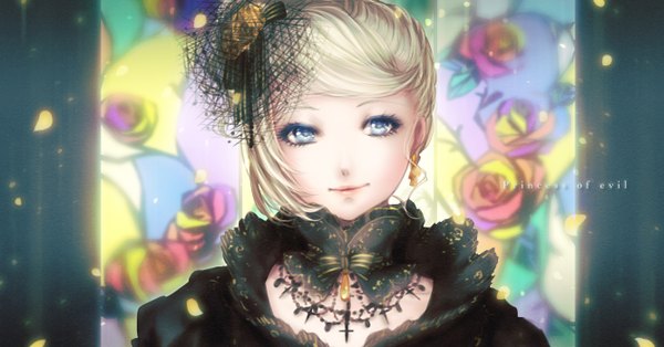 Anime picture 1336x700 with vocaloid evillious nendaiki aku no musume (vocaloid) kagamine rin shino (syllable) single looking at viewer blush short hair blue eyes blonde hair smile wide image lips alternate costume portrait girl dress hair ornament flower (flowers)
