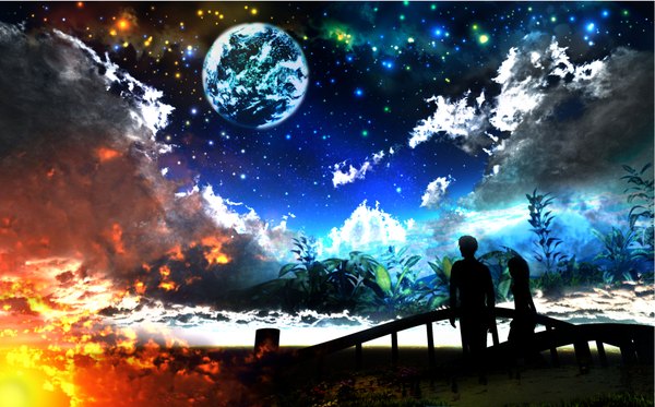 Anime picture 1880x1170 with original y-k highres wide image sky cloud (clouds) couple scenic silhouette girl boy star (stars) fire planet