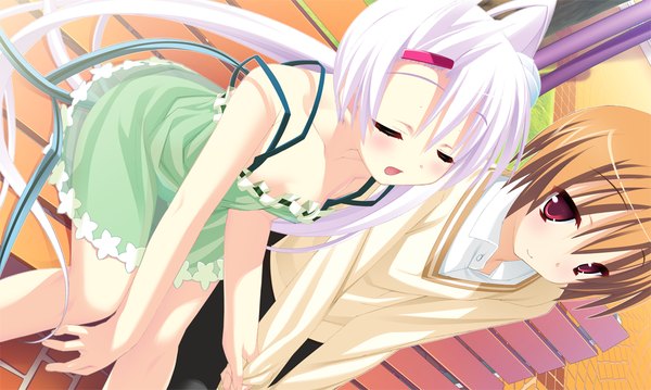 Anime picture 1024x614 with twinkle crusaders twinkle crusaders -passion star stream- illear sakura synn long hair blush short hair red eyes brown hair wide image sitting game cg white hair eyes closed girl boy hair ornament ribbon (ribbons) hairclip sundress