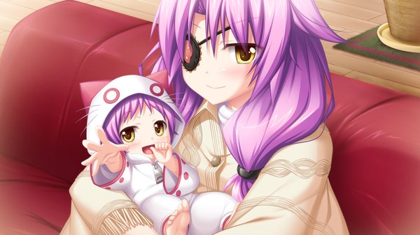 Anime picture 1024x576 with soukoku no arterial long hair blush wide image yellow eyes game cg purple hair girl hood eyepatch child (children)