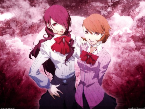 Anime picture 1600x1200 with persona 3 persona kirijou mitsuru takeba yukari long hair looking at viewer fringe short hair smile red eyes standing multiple girls brown eyes pink hair parted lips hair over one eye orange hair inscription hands behind back hand on another's shoulder