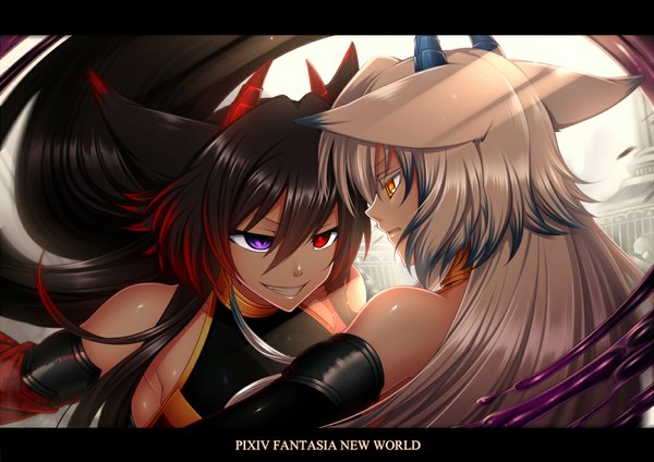 Anime picture 1062x751 with original pixiv fantasia pixiv fantasia new world konshin long hair black hair smile red eyes purple eyes bare shoulders multiple girls animal ears yellow eyes horn (horns) grey hair heterochromia girl 2 girls