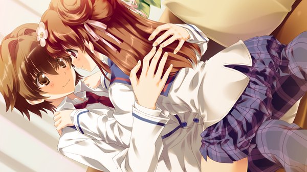 Anime picture 1280x720 with hoshi no ouji-kun amanatsu purin qp:flapper long hair short hair red eyes brown hair wide image brown eyes game cg hair flower couple girl boy hair ornament serafuku