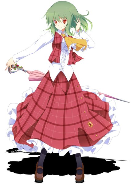 Anime picture 600x831 with touhou kazami yuuka kurono yuzuko single tall image fringe short hair simple background smile red eyes white background looking away green hair wind shadow closed umbrella girl skirt umbrella skirt set