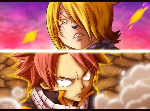 Anime picture 1352x1002 with fairy tail natsu dragneel jackal naruto999-by-roker fringe short hair blonde hair yellow eyes pink hair sky cloud (clouds) hair over one eye grin coloring glowing close-up smoke glowing eye (eyes) multiview manga