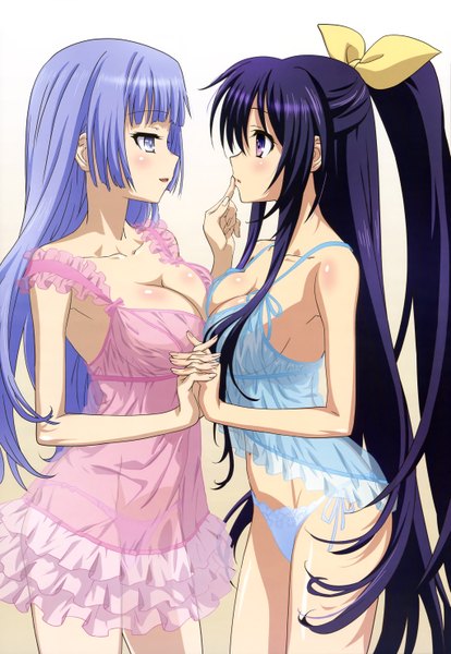 Anime picture 4085x5920 with date a live nyantype yatogami tooka izayoi miku long hair tall image highres breasts blue eyes light erotic simple background large breasts white background purple eyes multiple girls blue hair absurdres cleavage ponytail profile