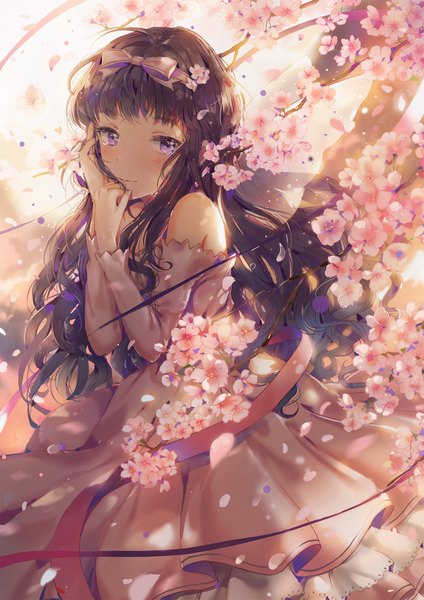 Anime picture 1200x1697 with card captor sakura clamp daidouji tomoyo dangmill single long hair tall image looking at viewer blush black hair smile purple eyes bare shoulders ahoge outdoors long sleeves hair flower wind tears cherry blossoms