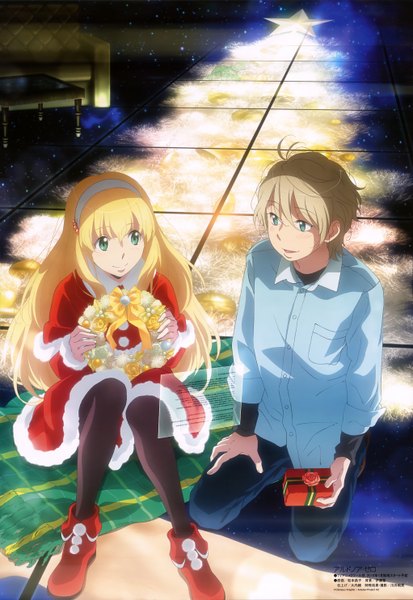 Anime picture 4088x5934 with aldnoah.zero a-1 pictures slaine troyard asseylum vers allusia matsumoto masako long hair tall image highres short hair blonde hair smile green eyes absurdres official art girl boy pantyhose shoes hairband black pantyhose