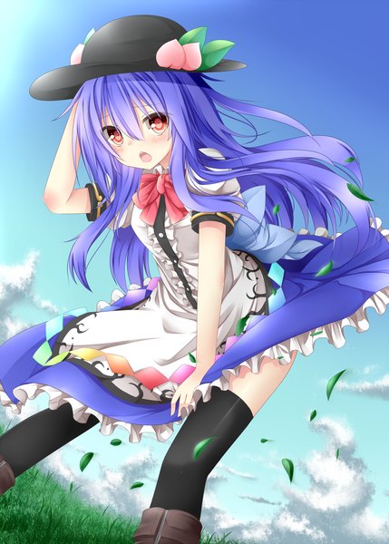 Anime picture 1000x1398 with touhou hinanawi tenshi chabaneko single long hair tall image blush open mouth red eyes blue hair girl thighhighs dress black thighhighs hat leaf (leaves)