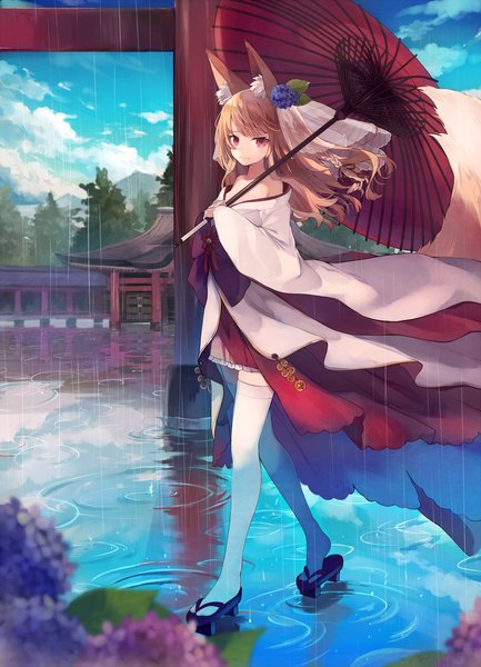 Anime picture 1000x1386 with original shugao single long hair tall image looking at viewer fringe smile red eyes holding animal ears sky cloud (clouds) tail traditional clothes japanese clothes animal tail pleated skirt hair flower orange hair