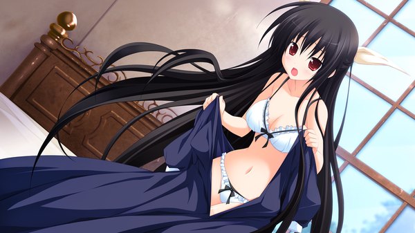 Anime picture 1280x720 with tiny dungeon (game) rosebleu vell sein long hair open mouth light erotic black hair red eyes wide image game cg girl underwear panties