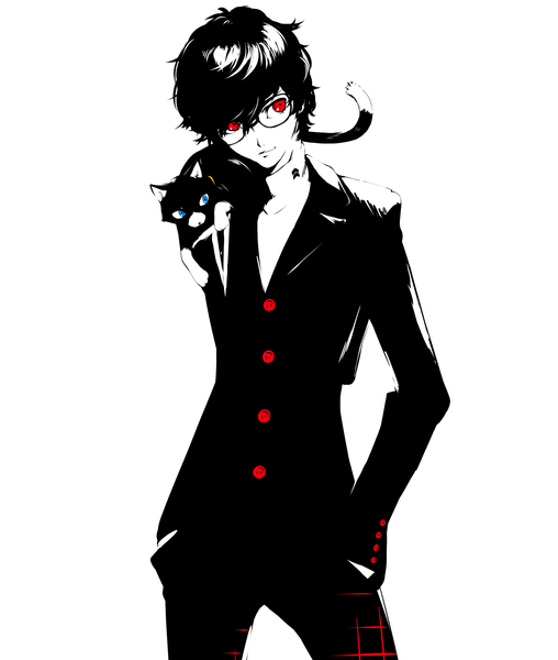 Anime picture 2894x3417 with persona 5 persona amamiya ren morgana (persona 5) shuto single tall image highres short hair blue eyes simple background red eyes standing white background looking away head tilt light smile turning head hands in pockets sitting on person