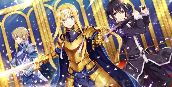 Anime picture 1400x711 with sword art online sword art online: alicization a-1 pictures kirigaya kazuto alice zuberg eugeo (sao) gabiran long hair looking at viewer blush fringe short hair open mouth blue eyes black hair blonde hair hair between eyes wide image standing purple eyes