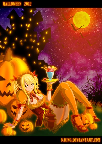 Anime picture 1500x2107 with fairy tail lucy heartfilia natilokijung single long hair tall image light erotic blonde hair smile twintails brown eyes inscription maid tattoo night sky coloring halloween girl thighhighs plant (plants)